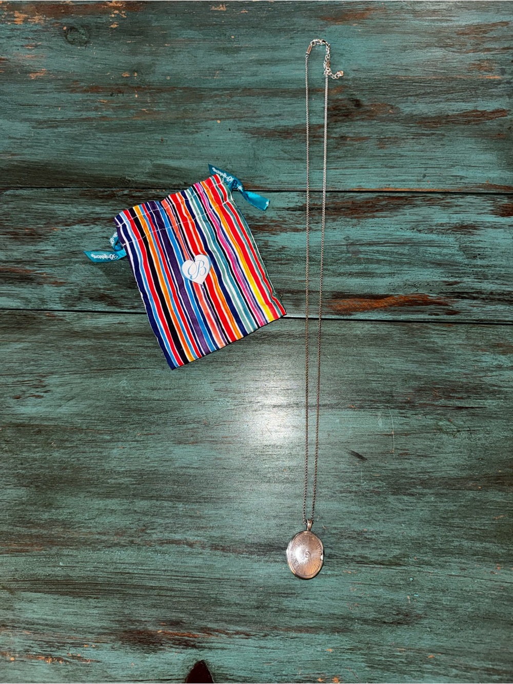 Brighton Silver Locket Necklace with Multicolor Striped Pouch